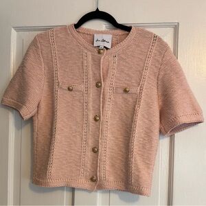 Sam Edelman Colleen Short Sleeve Cardigan Sweater, strawberry cream, gold button